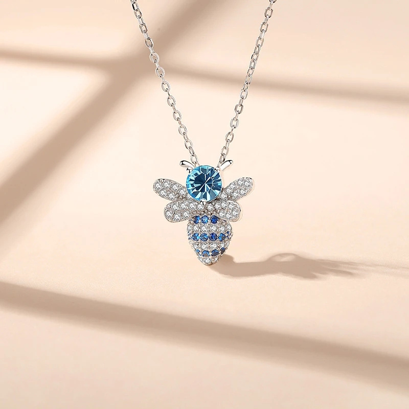 Women's Blue Zirconia Bee Necklace, Elegant Vacation Accessory